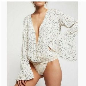 - Free People Womens Makin Waves Bodysuit cream blue polka dots Size large